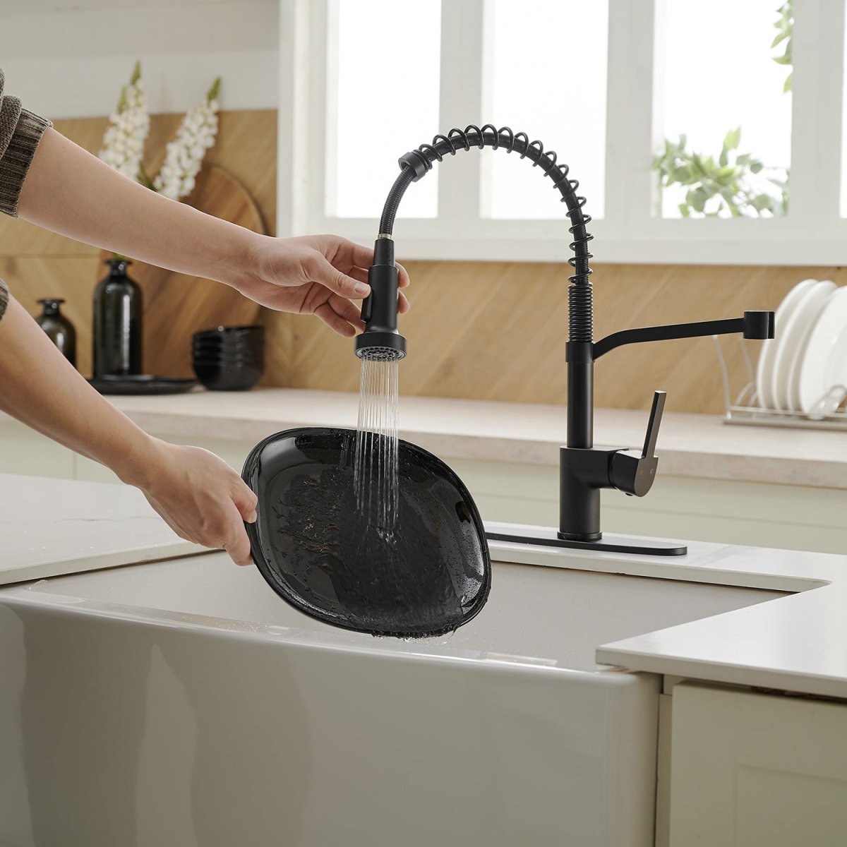 Single Handle Pull Down Kitchen Faucet with Deck Plate Black - buyfaucet.com