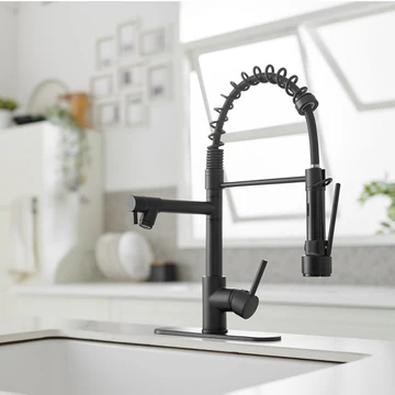 Single-Handle Pull-Down Kitchen Faucet with Deck Plate Black - buyfaucet.com
