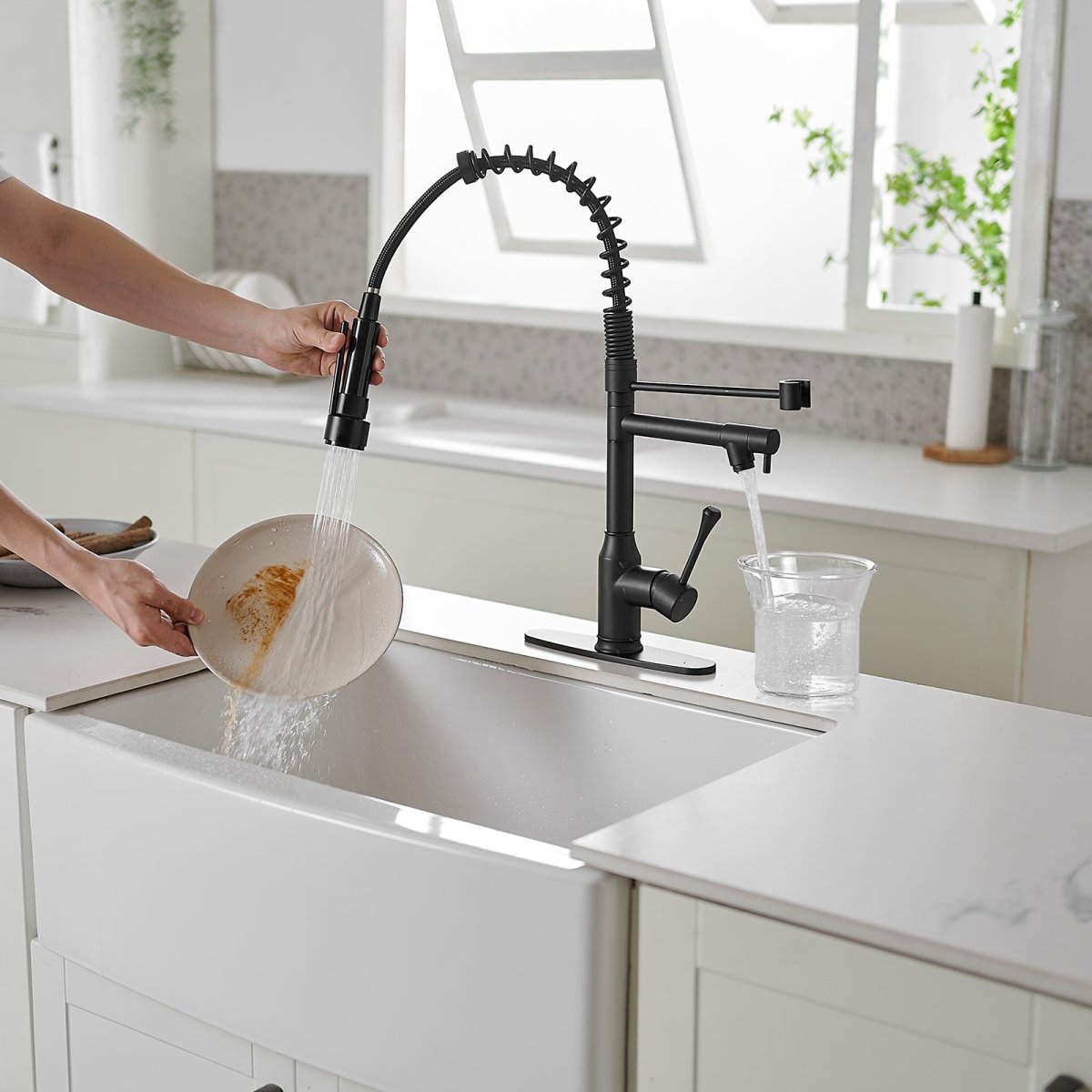 Single Handle Pull Down Kitchen Faucet with Two Spout Black - buyfaucet.com