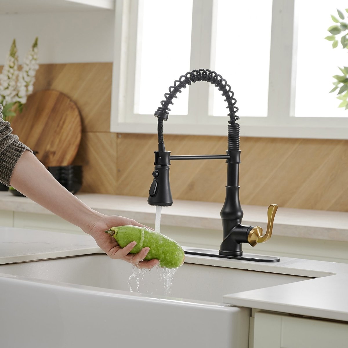 Single-Handle Pull-Down Sprayer Kitchen Faucet Black & Gold - buyfaucet.com