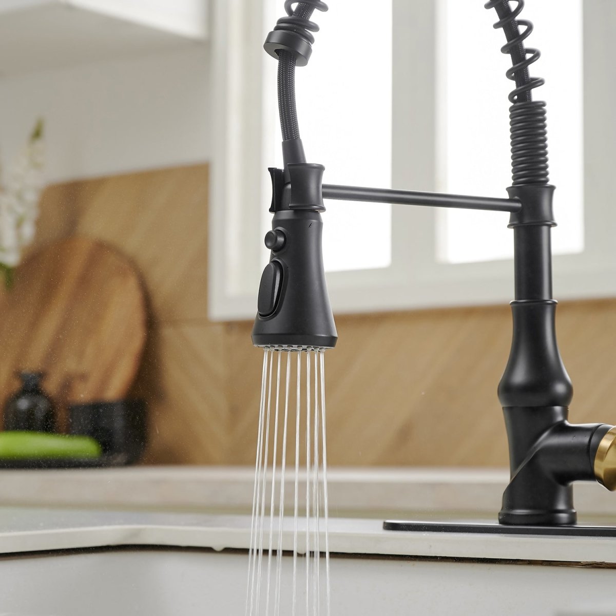 Single-Handle Pull-Down Sprayer Kitchen Faucet Black & Gold - buyfaucet.com