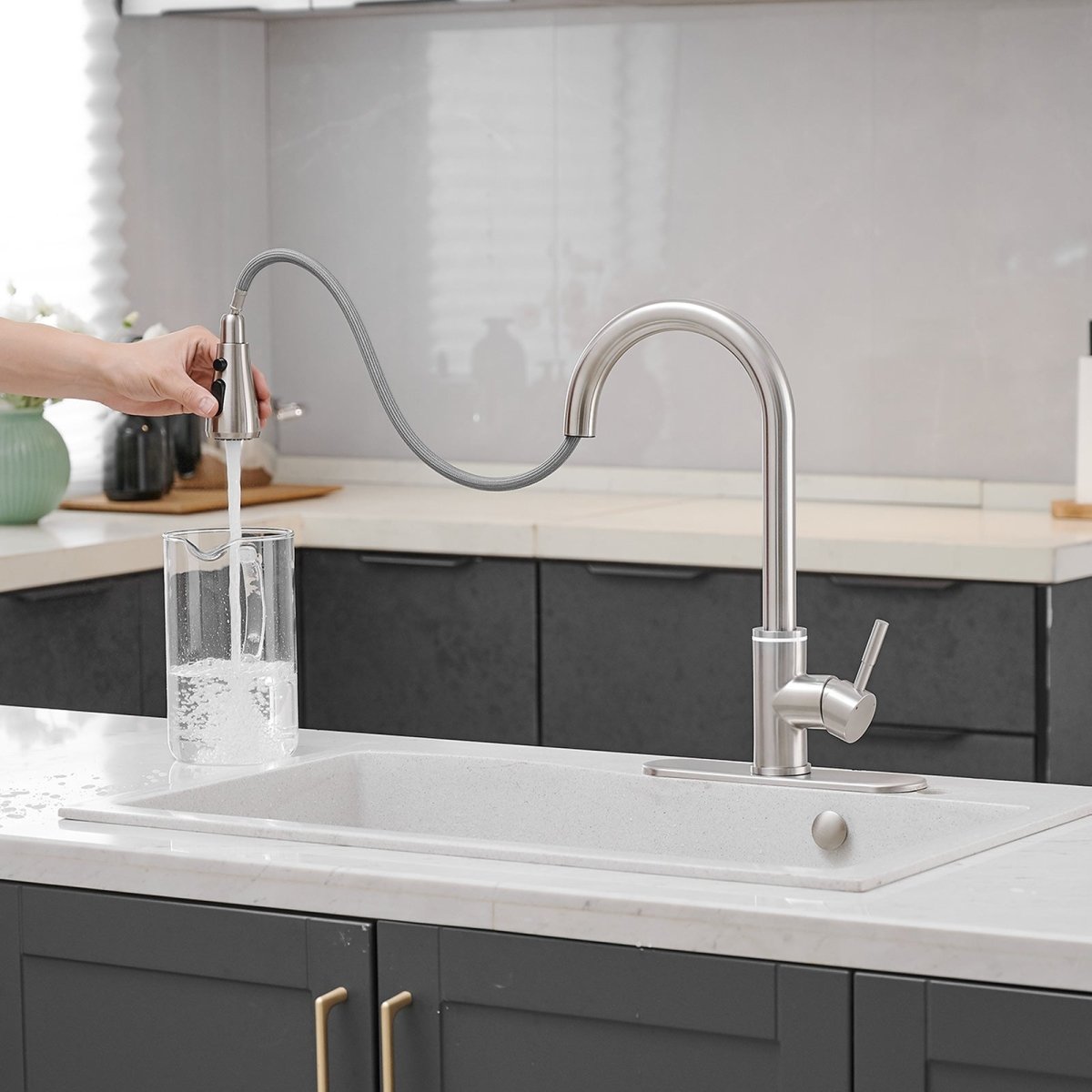 Single Handle Pull-Out Sprayer Kitchen Faucet Brushed Nickel - buyfaucet.com