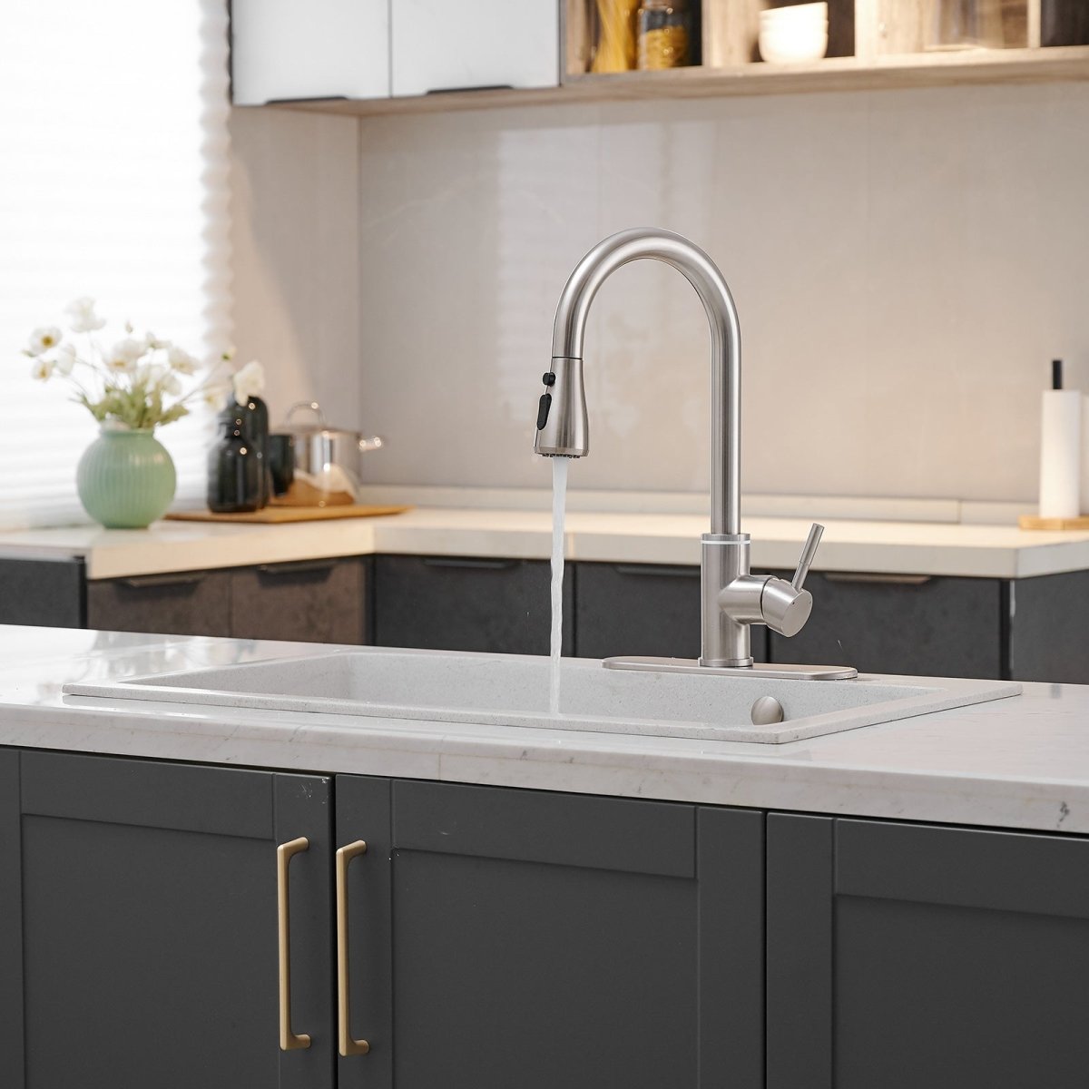 Single Handle Pull-Out Sprayer Kitchen Faucet Brushed Nickel - buyfaucet.com