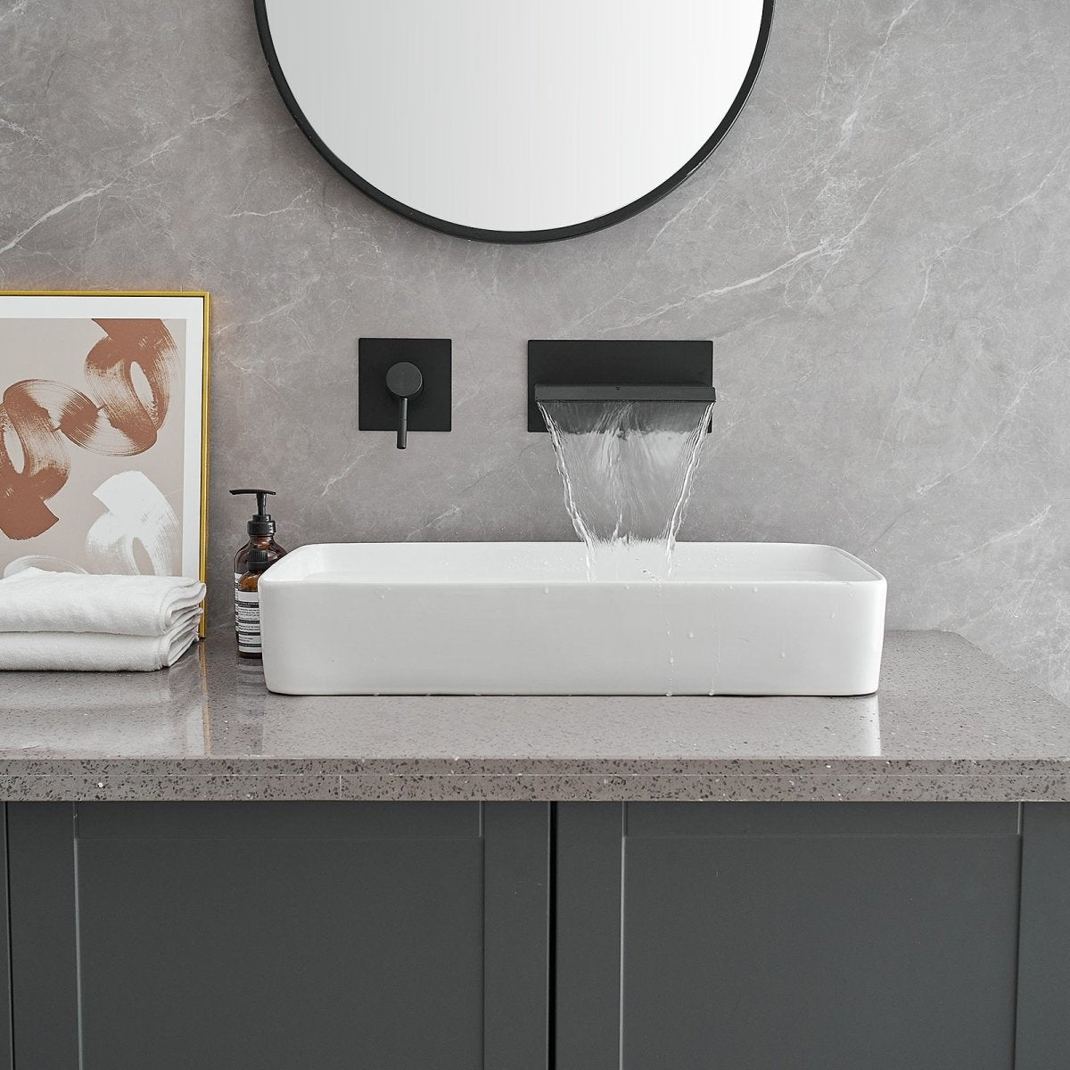 Single Handle Wall Mount Spout Waterfall Bathroom Faucet Black - buyfaucet.com
