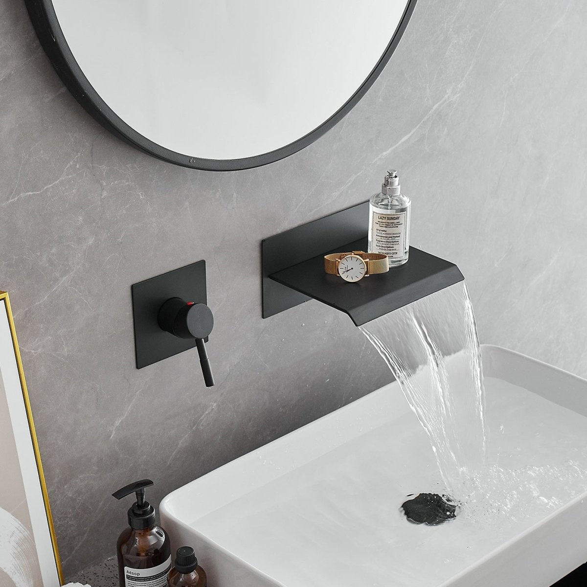 Single Handle Wall Mount Spout Waterfall Bathroom Faucet Black - buyfaucet.com
