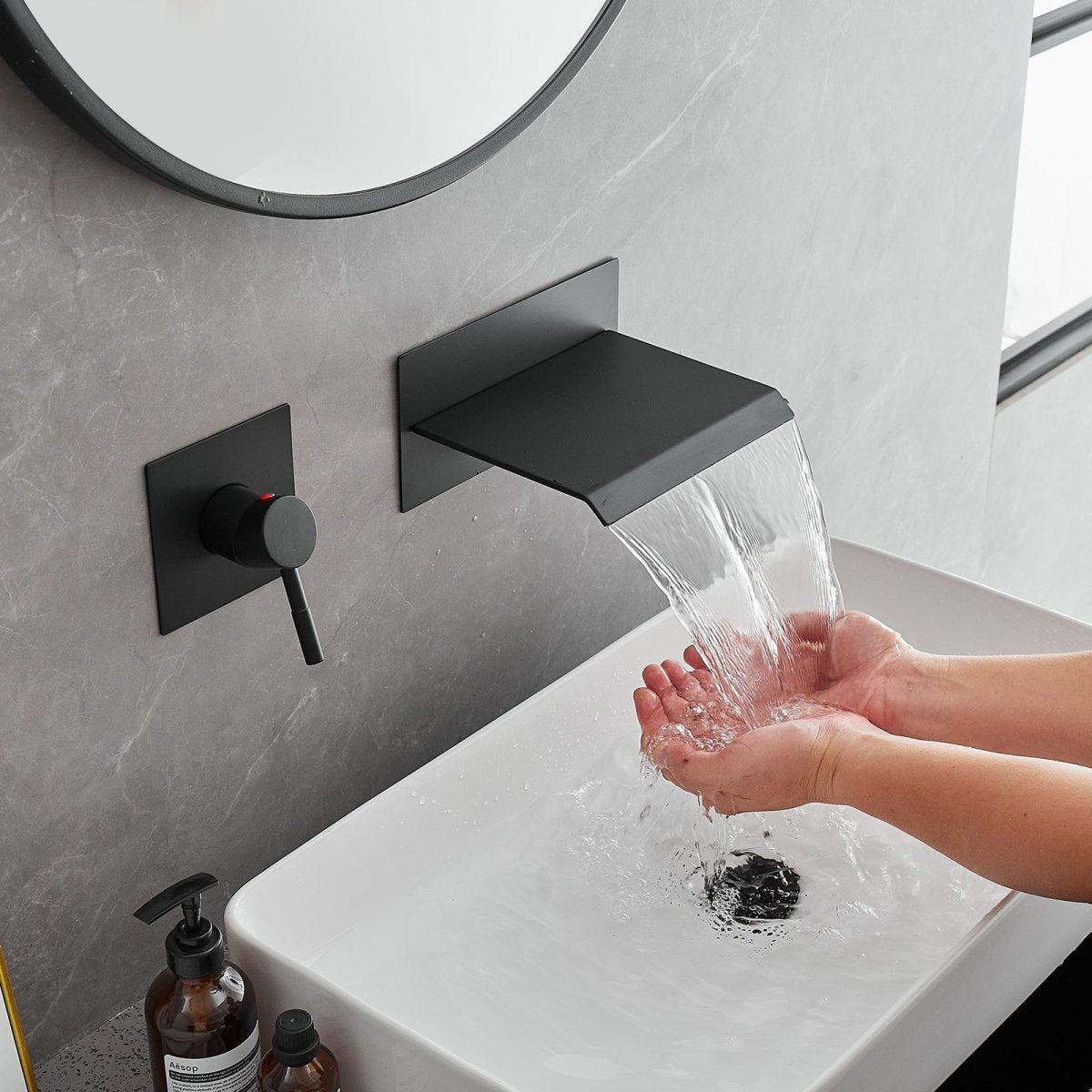 Single Handle Wall Mount Spout Waterfall Bathroom Faucet Black - buyfaucet.com