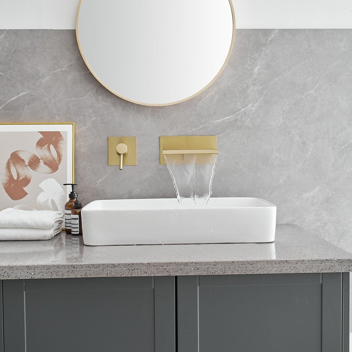 Single Handle Wall Mount Spout Waterfall Bathroom Faucet Gold - buyfaucet.com