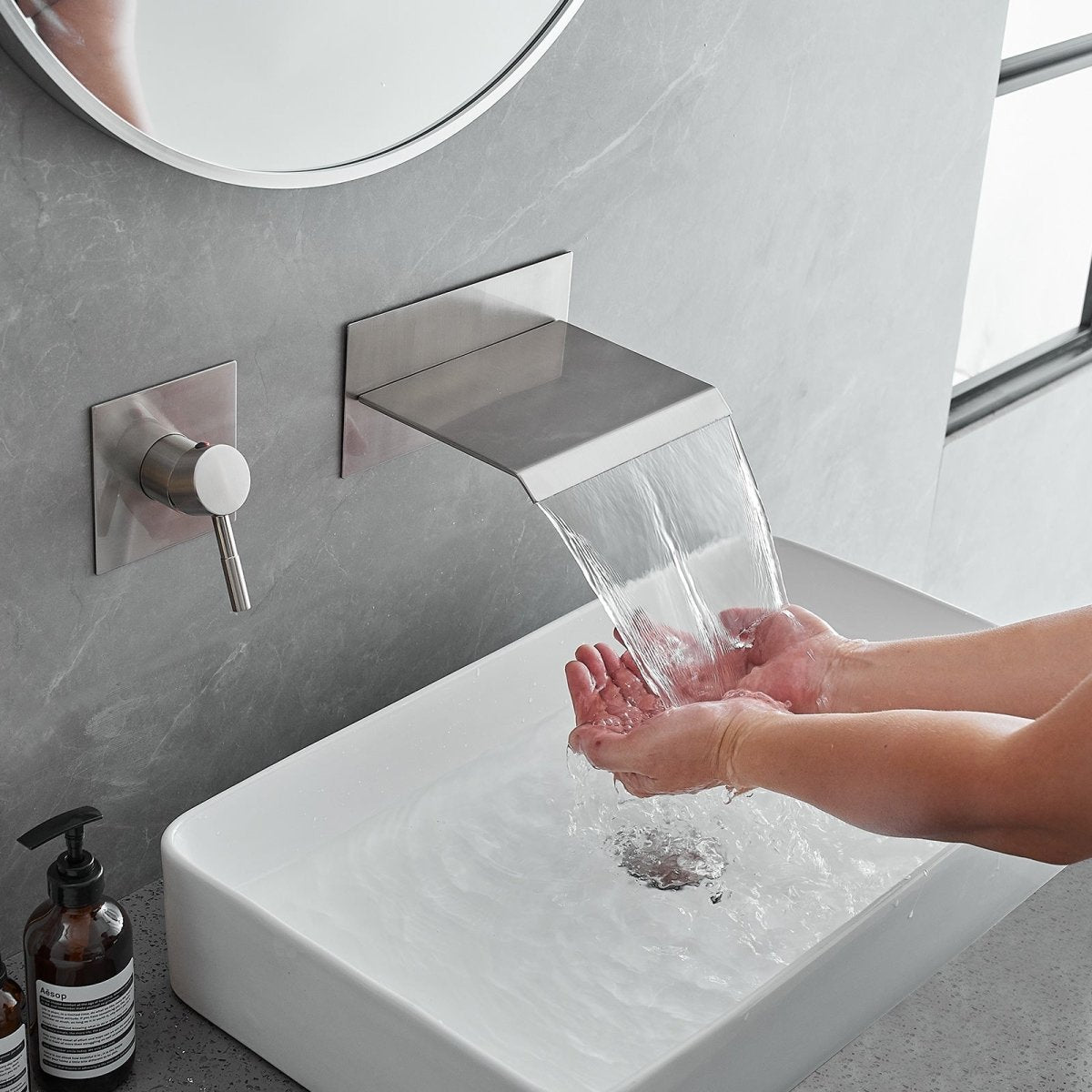 Single Handle Wall Mount Spout Waterfall Bathroom Faucet Nickel - buyfaucet.com