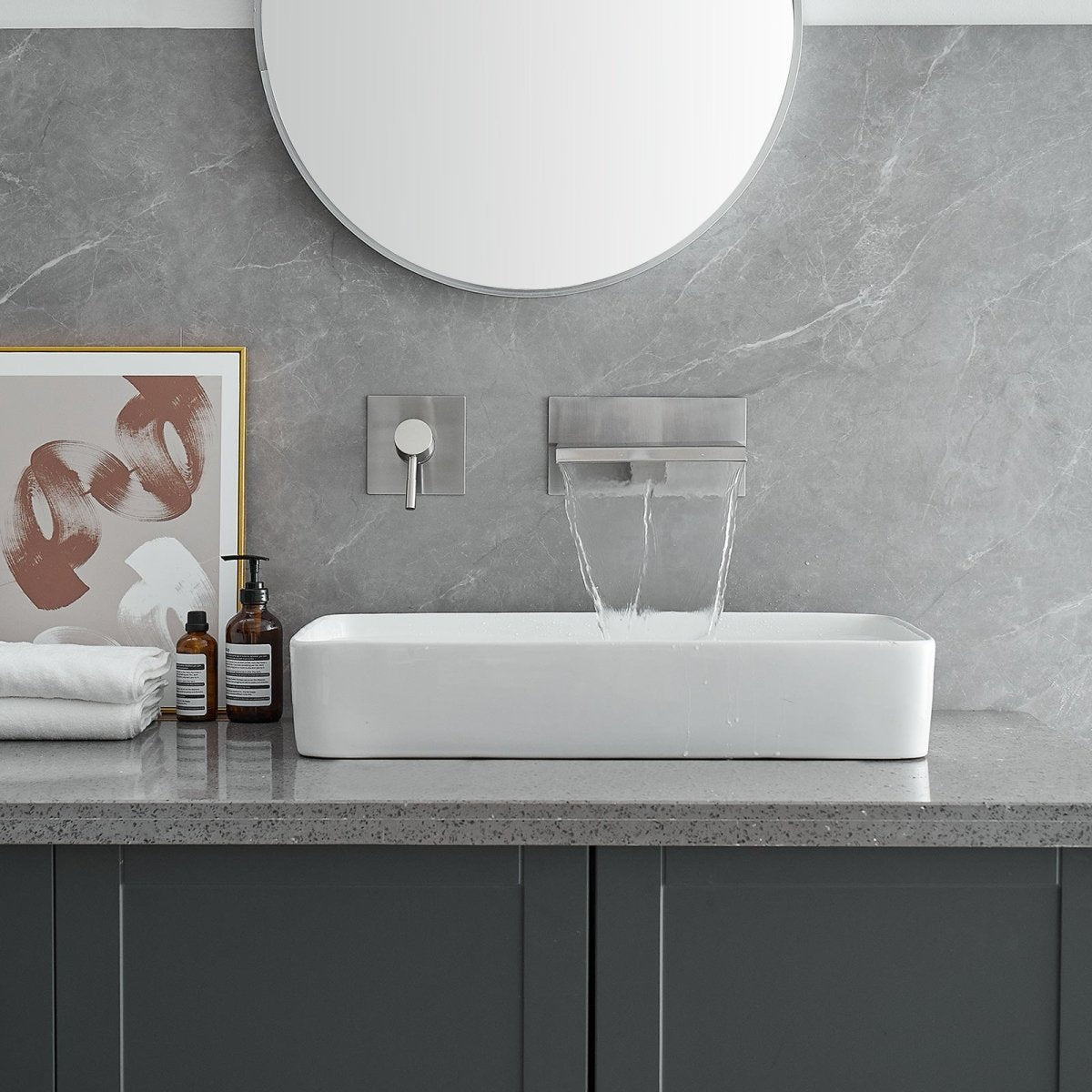 Single Handle Wall Mount Spout Waterfall Bathroom Faucet Nickel - buyfaucet.com