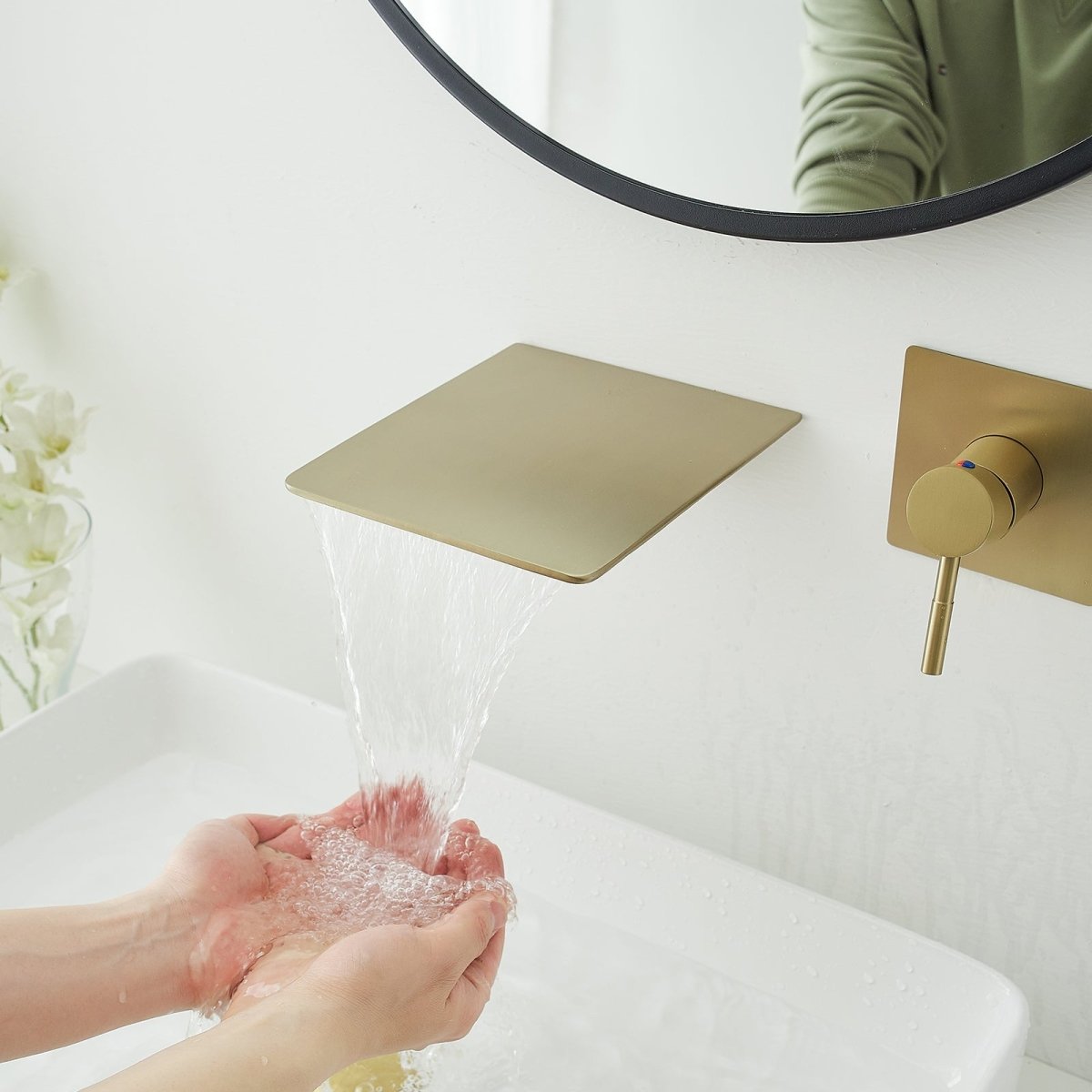 Single Handle Wall Mount Waterfall Bathroom Faucet Brushed Gold - buyfaucet.com