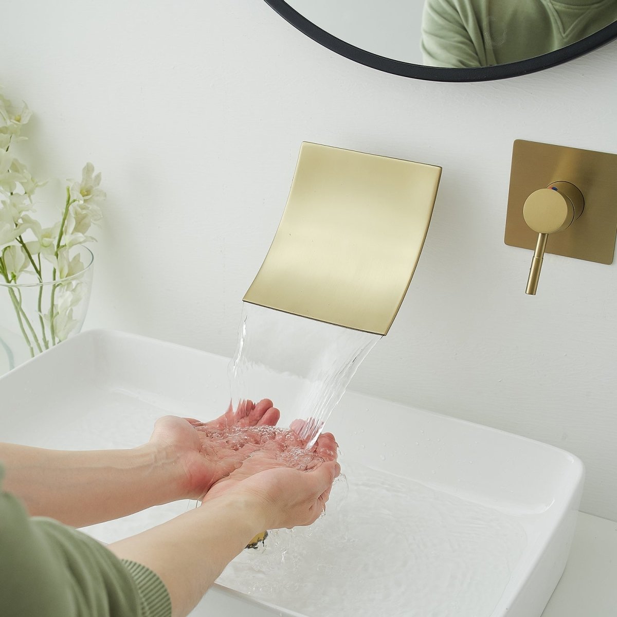 Single Handle Wall Mount Waterfall Bathroom Faucet Brushed Gold - buyfaucet.com