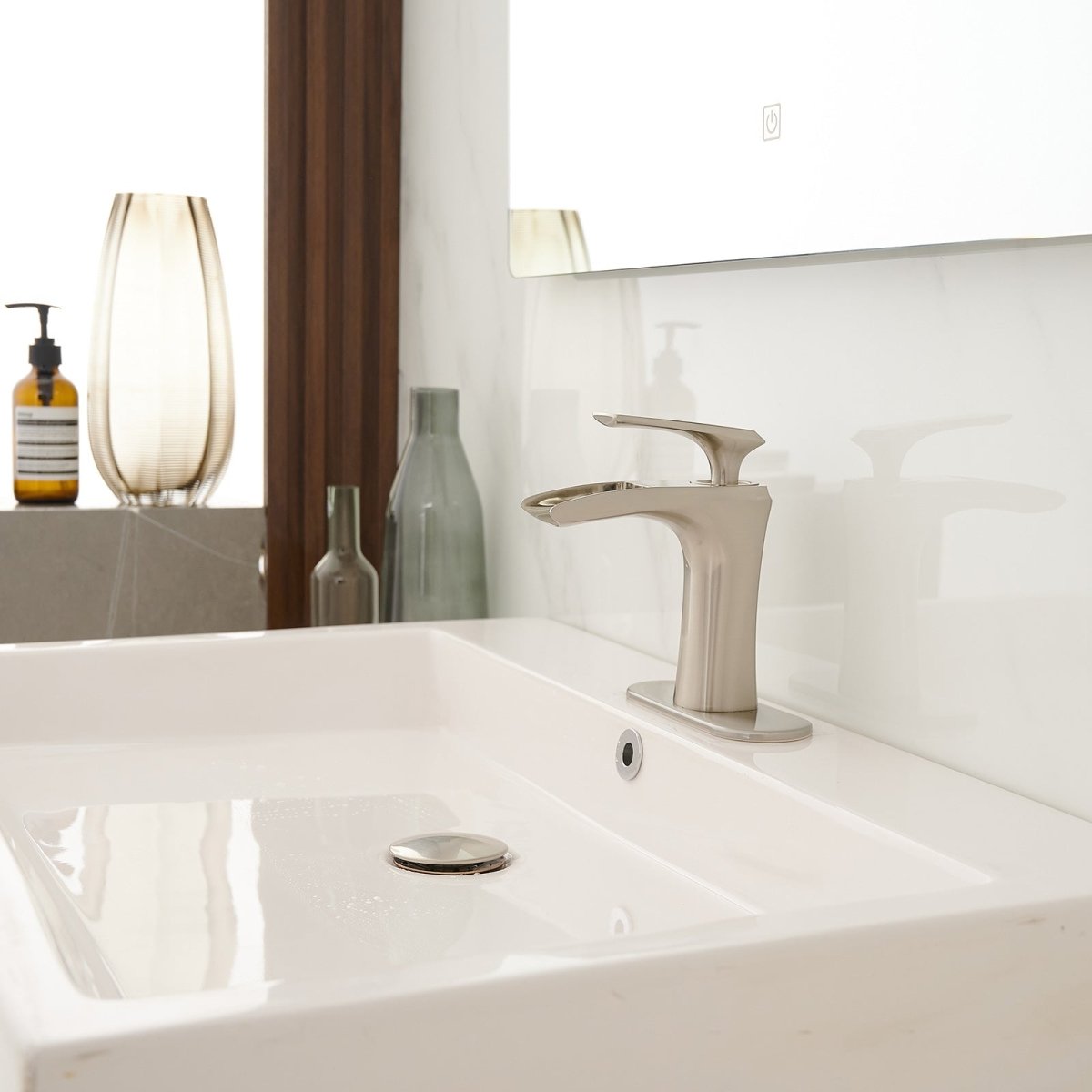 Single Handle Waterfall Bathroom Vanity Faucets Brushed Nickel - buyfaucet.com