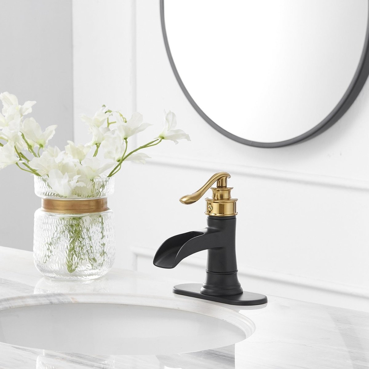 Single Hole Single Handle Bathroom Faucet Black and Gold - buyfaucet.com