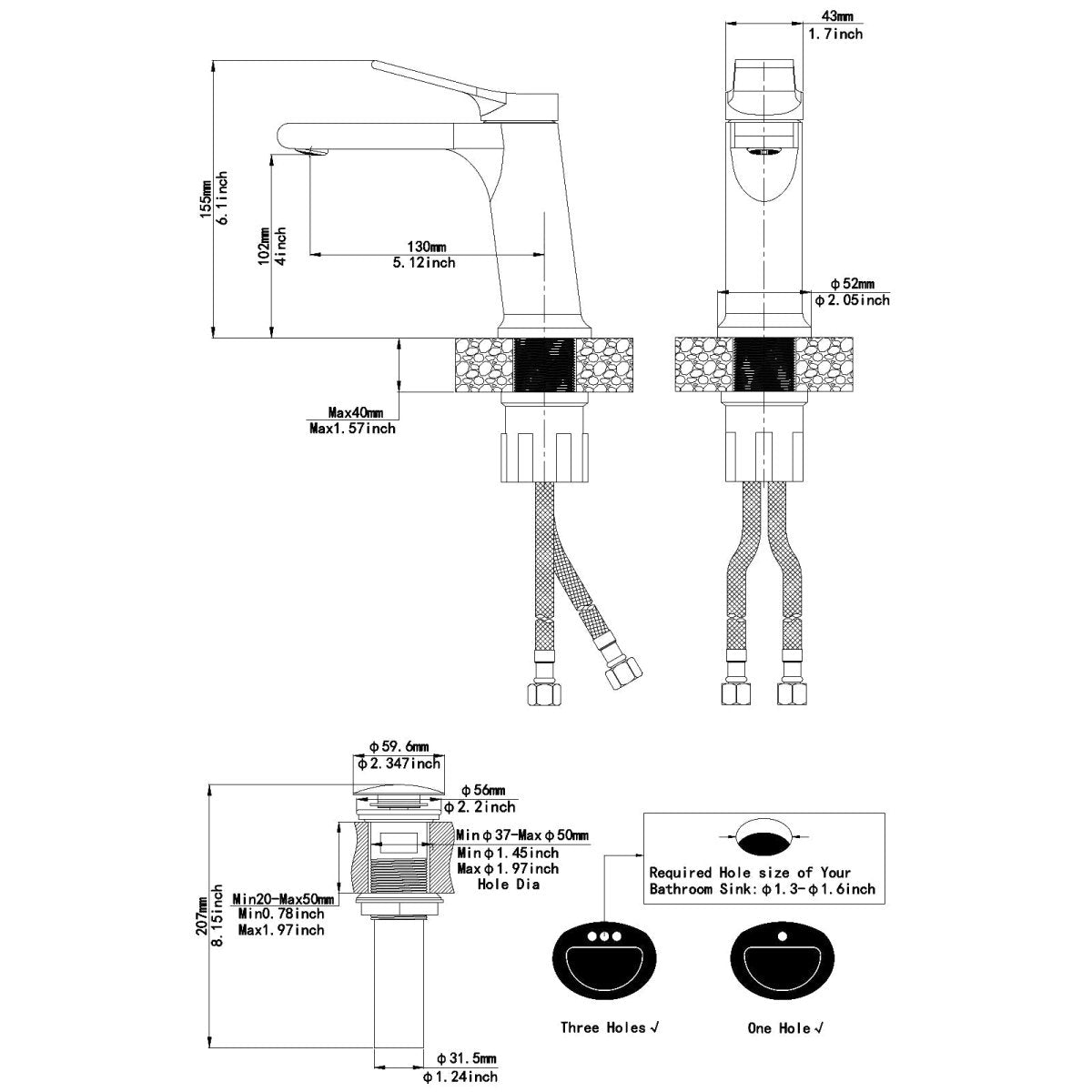 Solid Brass Square Vanity Faucet with Pop Up Drain Black - buyfaucet.com