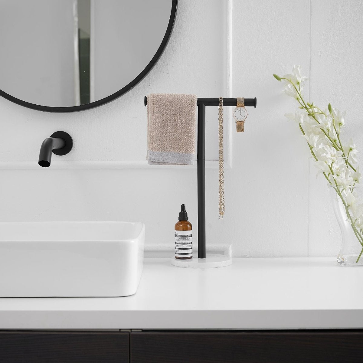 T-Shape Toilet Paper Holder with Natural Marble Base Matte Black - buyfaucet.com