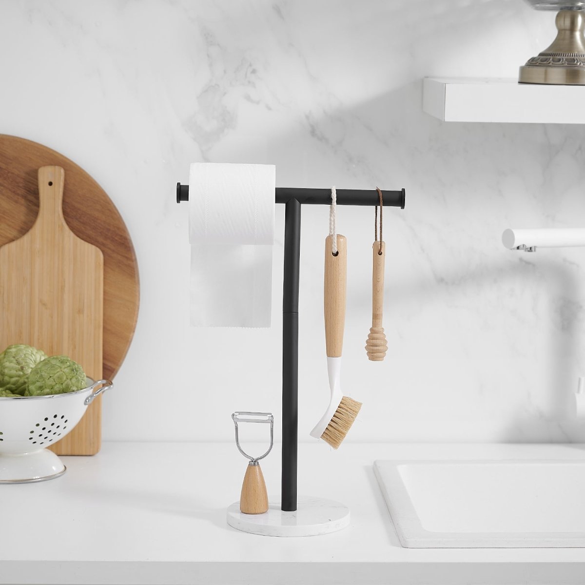 T-Shape Toilet Paper Holder with Natural Marble Base Matte Black - buyfaucet.com