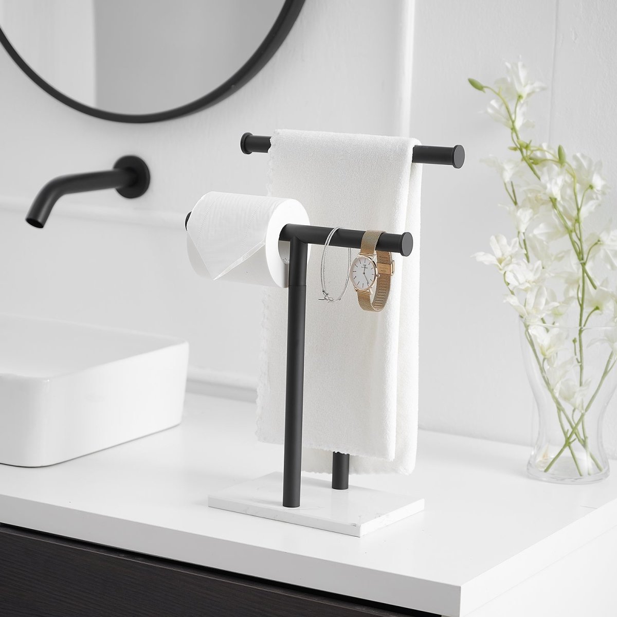 Toilet Paper Holder with Base 2-Tier Towel Racks Black - buyfaucet.com