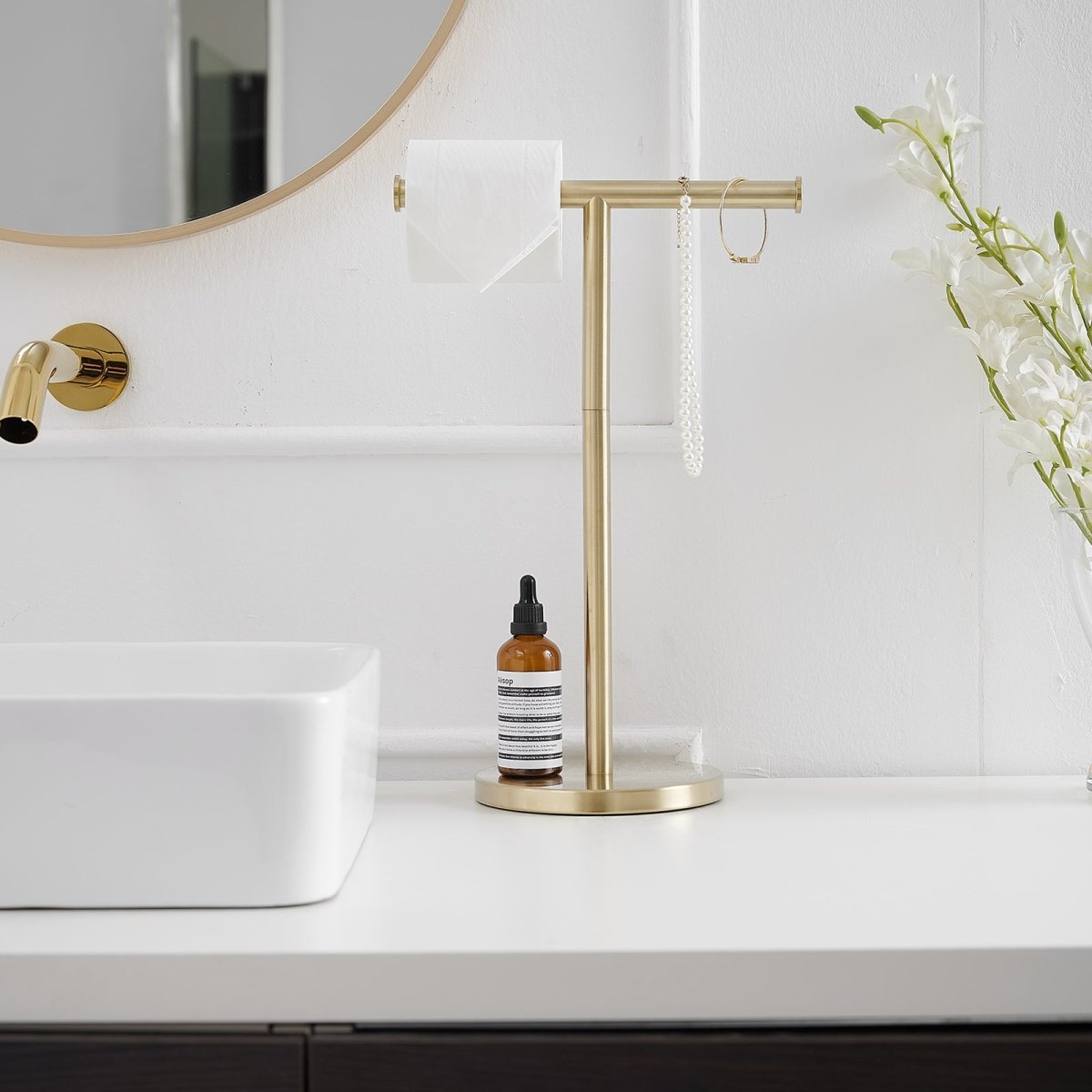 Toilet Paper Holder with Steady T-Shape Towel Rack in Gold - buyfaucet.com