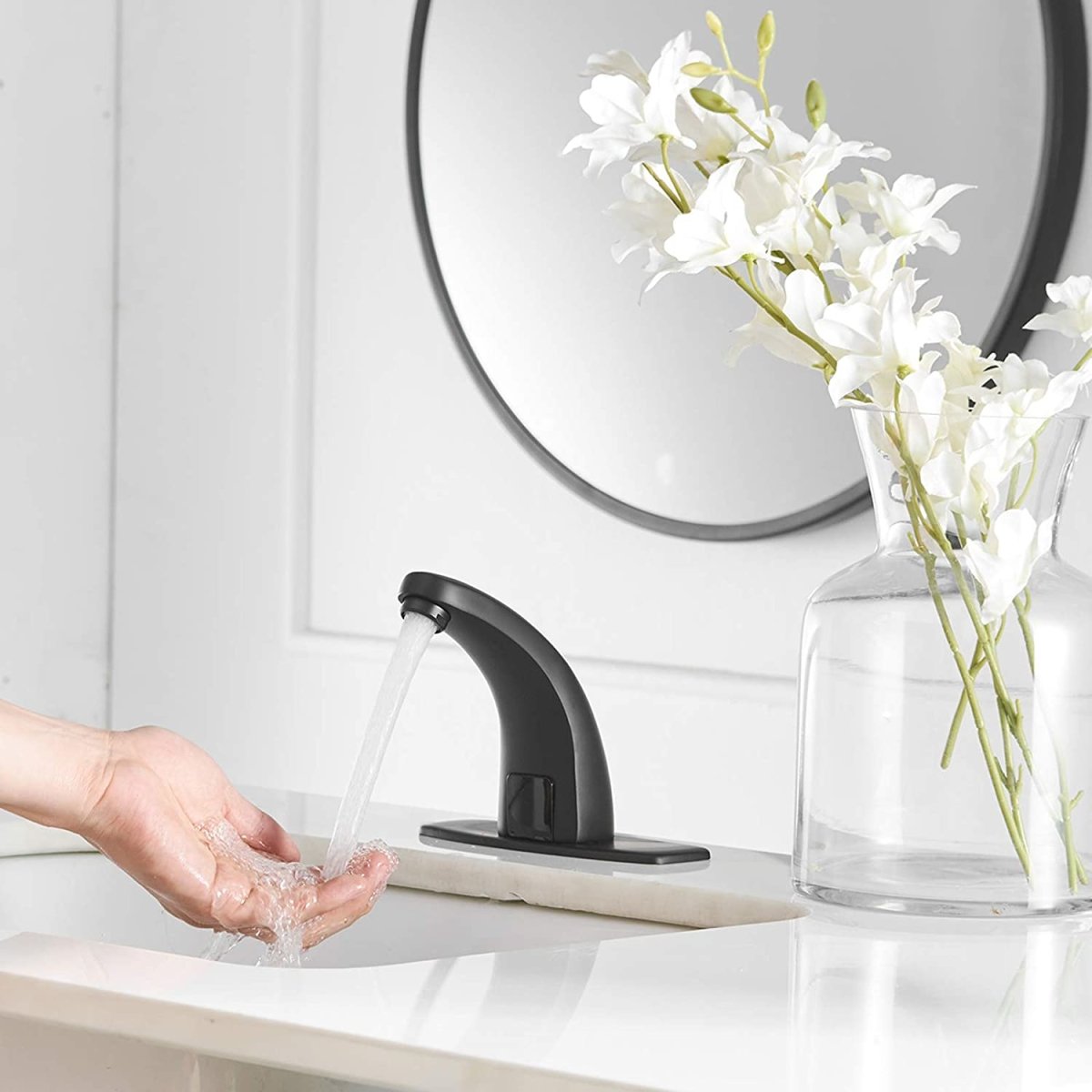 Touchless Bathroom Faucet with Deckplate & Drain Black - buyfaucet.com