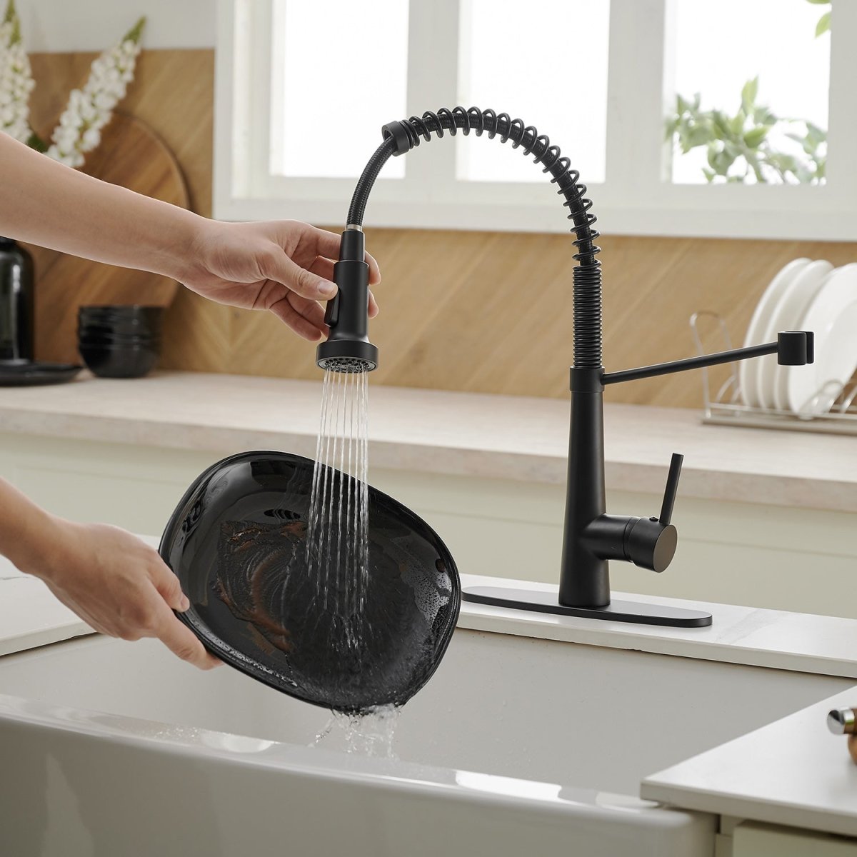 Two Functions Kitchen Faucet with Pull Down Sprayer Black - buyfaucet.com