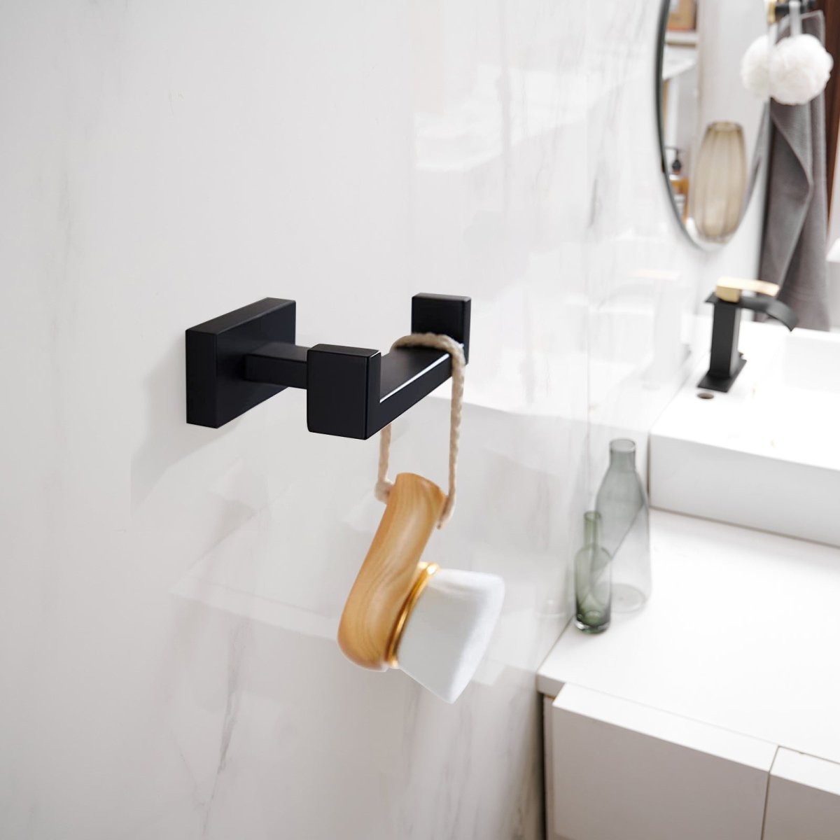 Wall Mount Double Towel Hook Bathroom Robe Towel Holder Black - buyfaucet.com