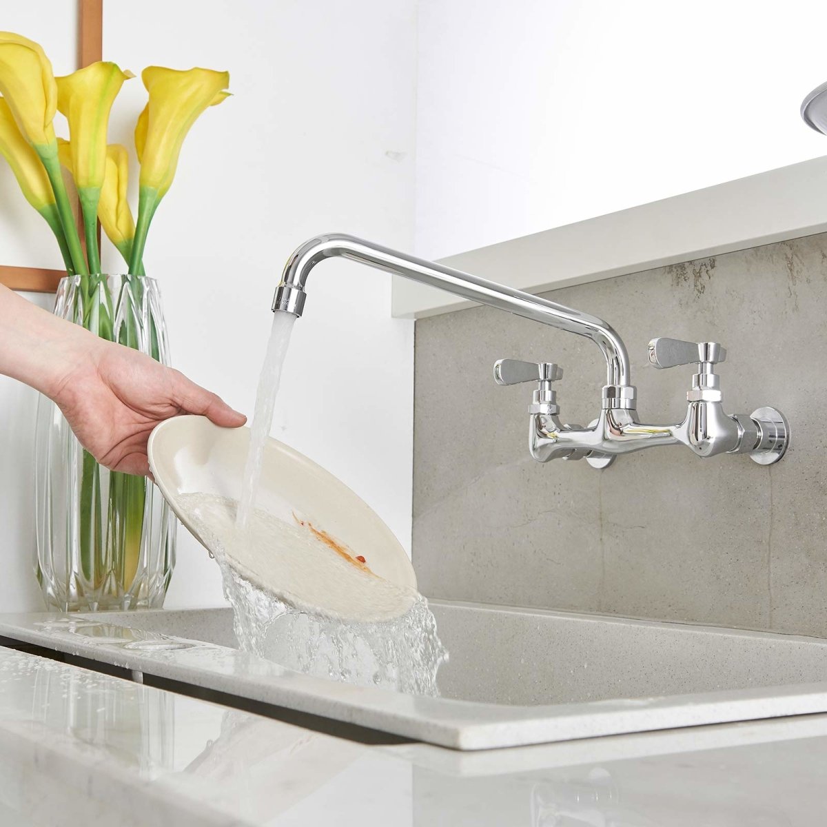 Wall Mount Kitchen Faucet with 12 Inch Swivel Spout Chrome-1 - buyfaucet.com