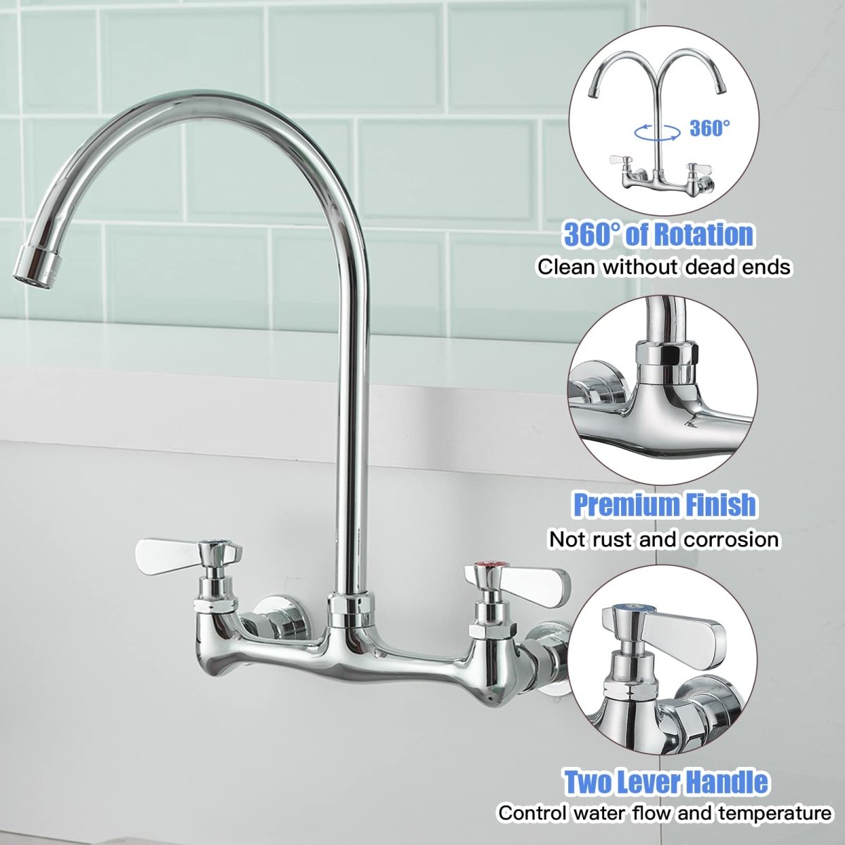 Wall Mount Kitchen Faucet with Swivel Spout 8 Chrome - buyfaucet.com