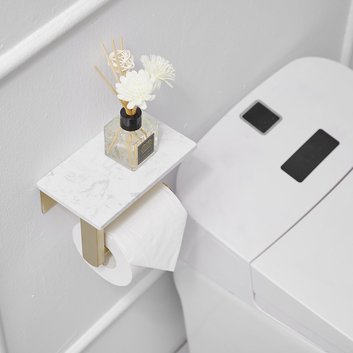 Wall Mount Toilet Paper Holder with Natural Marble Shelf Gold - buyfaucet.com