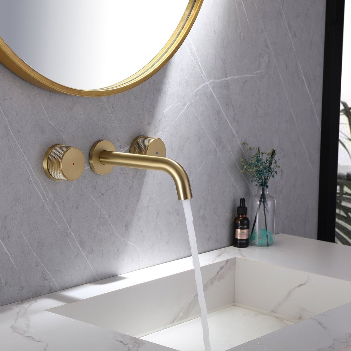 Wall Mounted Double Hole Two Handle Bathroom Faucet Gold - buyfaucet.com