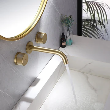 Wall Mounted Double Hole Two Handle Bathroom Faucet Gold - buyfaucet.com