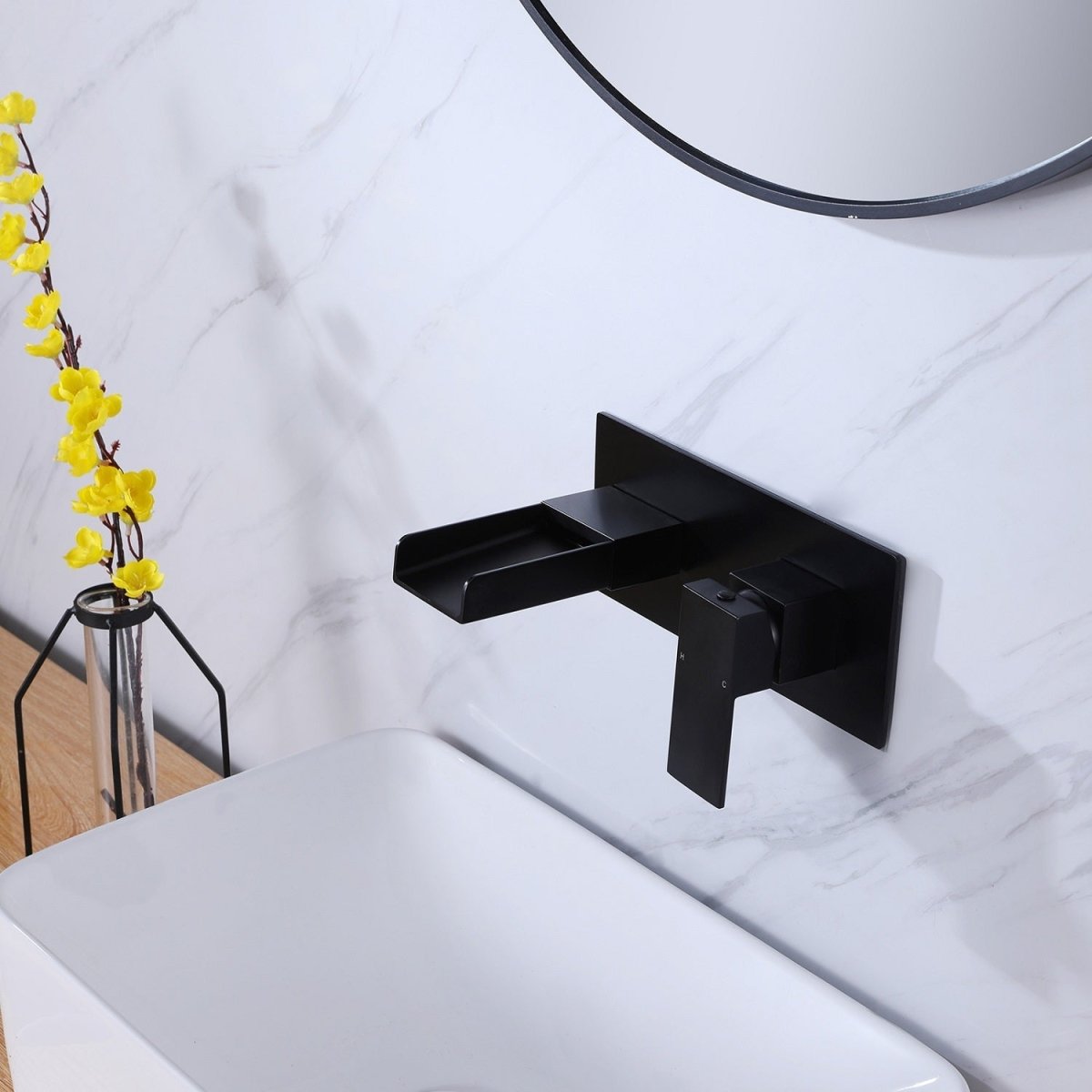 Waterfall 1-Handle Wall Mount Bathroom Faucet Matte Black - buyfaucet.com