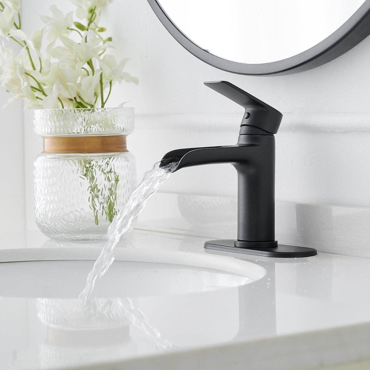 Waterfall Bathroom Faucet Single Handle Faucet Matte Black - buyfaucet.com