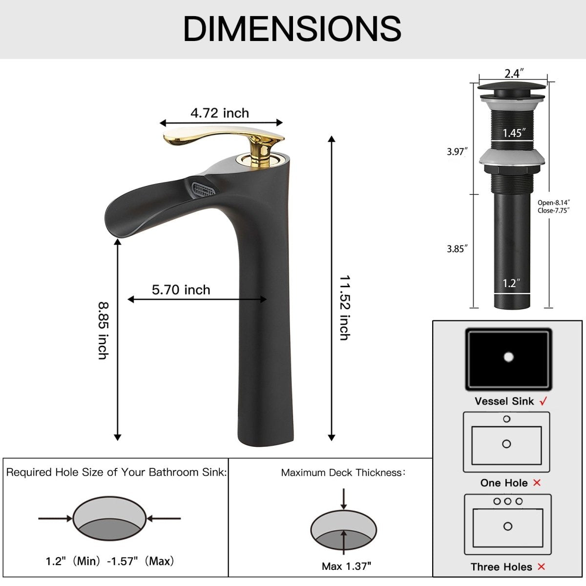 Waterfall Bathroom Vessel Sink Faucet With Drain Black Gold - buyfaucet.com