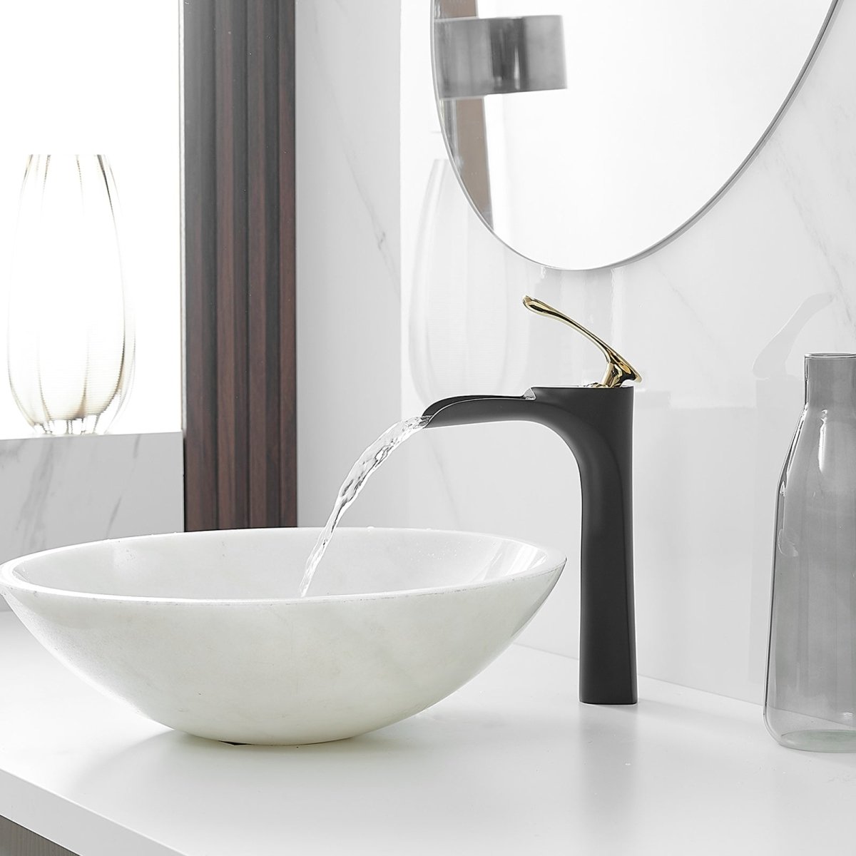 Waterfall Bathroom Vessel Sink Faucet With Drain Black Gold - buyfaucet.com