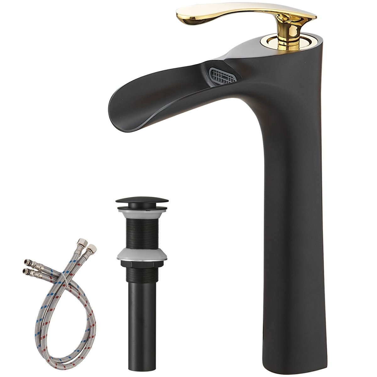 Waterfall Bathroom Vessel Sink Faucet With Drain Black Gold - buyfaucet.com