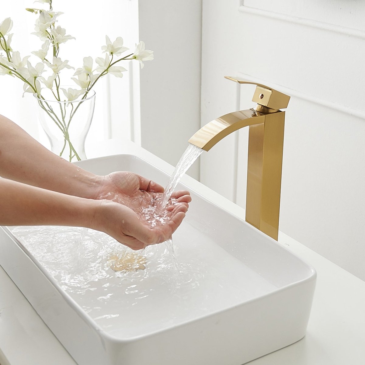 Waterfall Single Handle Bathroom Sink Faucet Brushed Gold - buyfaucet.com