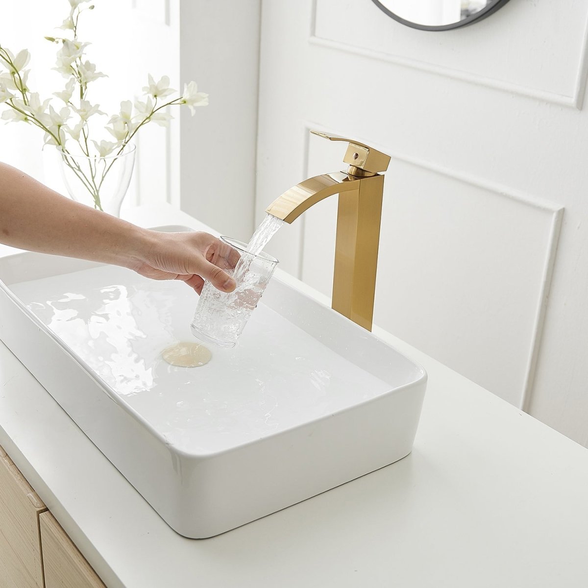 Waterfall Single Handle Bathroom Sink Faucet Brushed Gold - buyfaucet.com