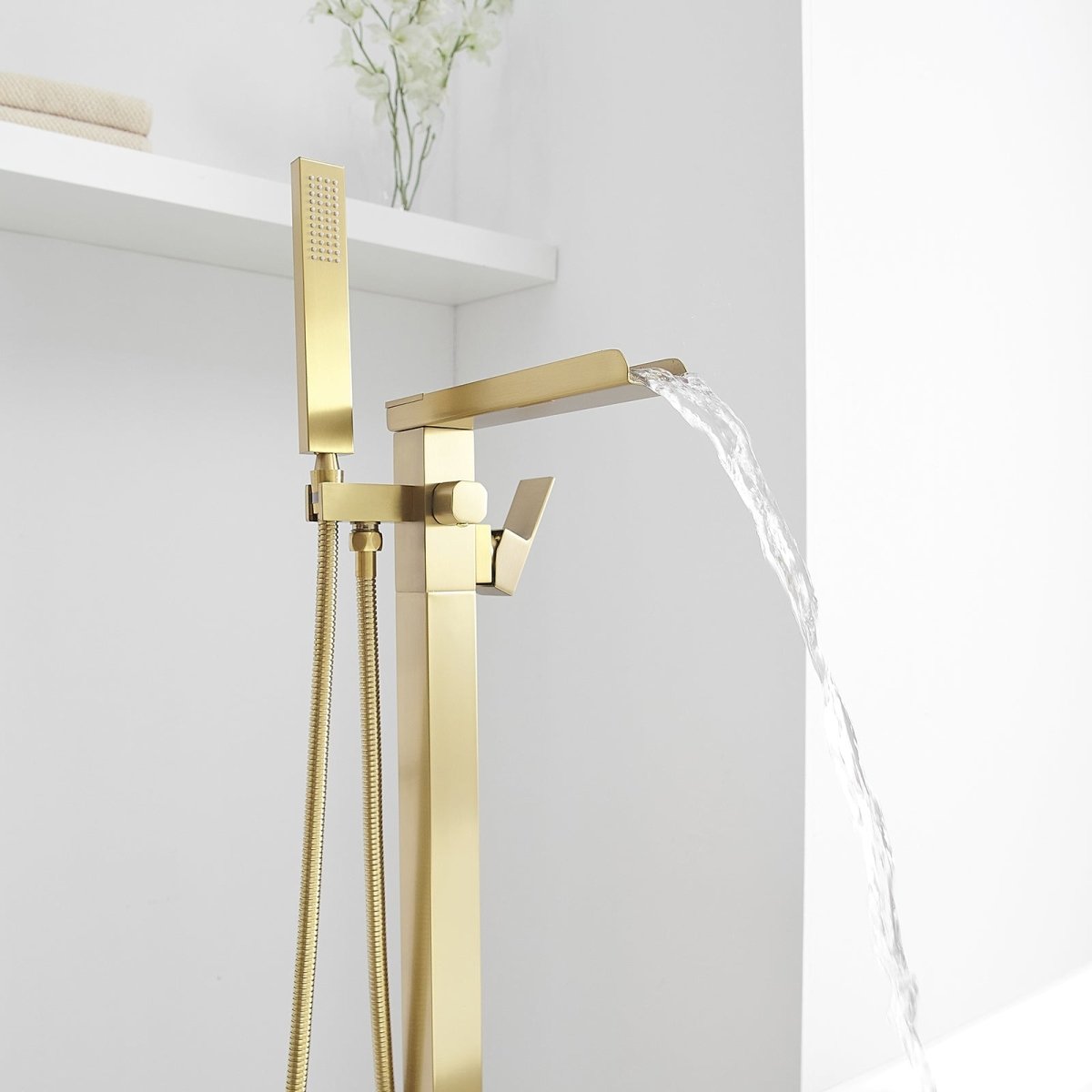 Waterfall Single-Handle Freestanding Bathtub Faucet Brushed Gold - buyfaucet.com