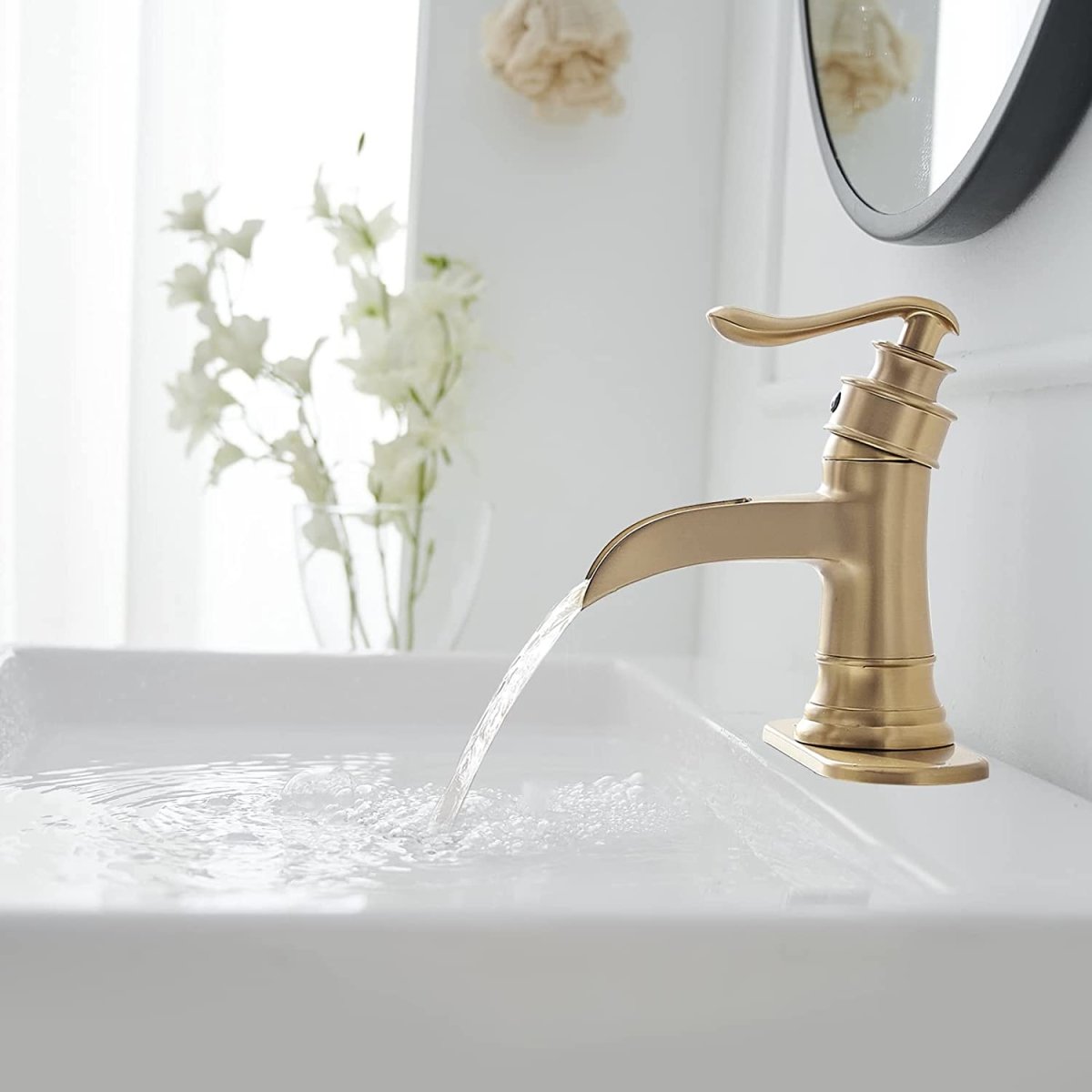 Waterfall Single-Handle Low-Arc Bathroom Faucet Brushed Gold-1 - buyfaucet.com