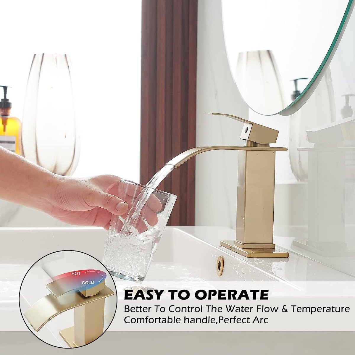 Waterfall Single Handle Low-Arc Bathroom Faucet Brushed Gold - buyfaucet.com