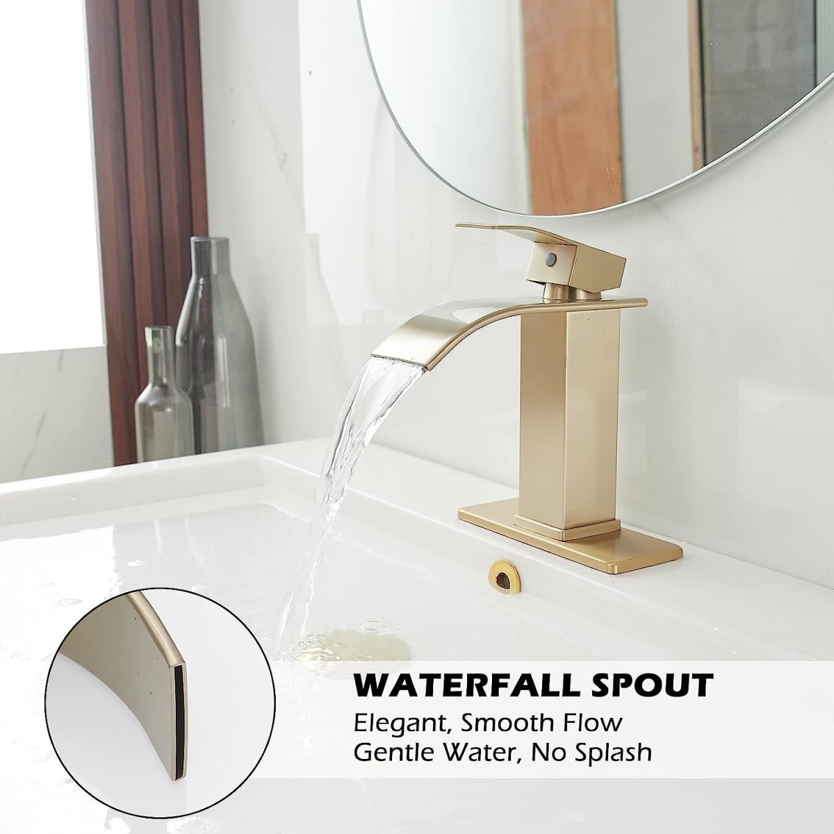 Waterfall Single Handle Low-Arc Bathroom Faucet Brushed Gold - buyfaucet.com