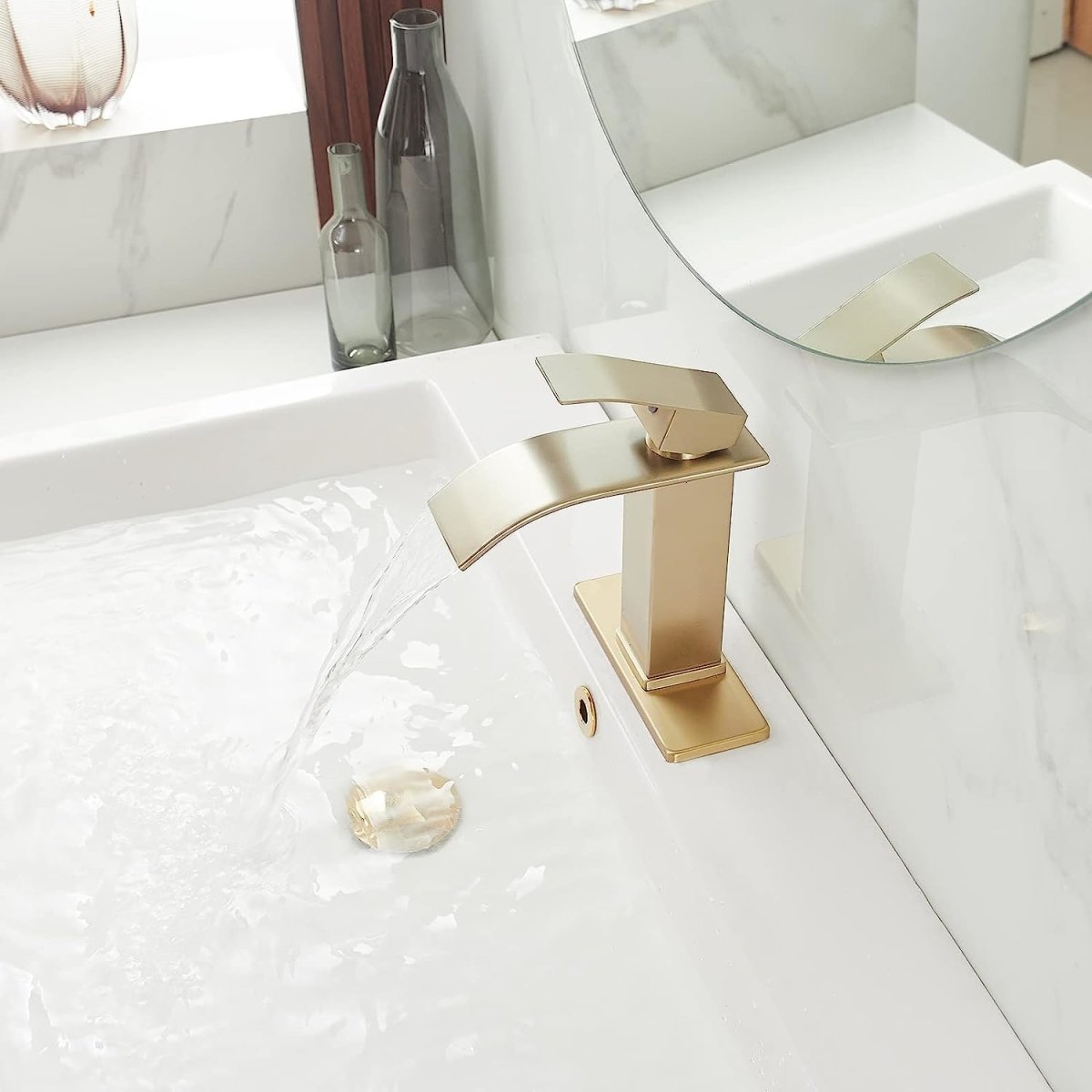 Waterfall Single Handle Low-Arc Bathroom Faucet Brushed Gold - buyfaucet.com