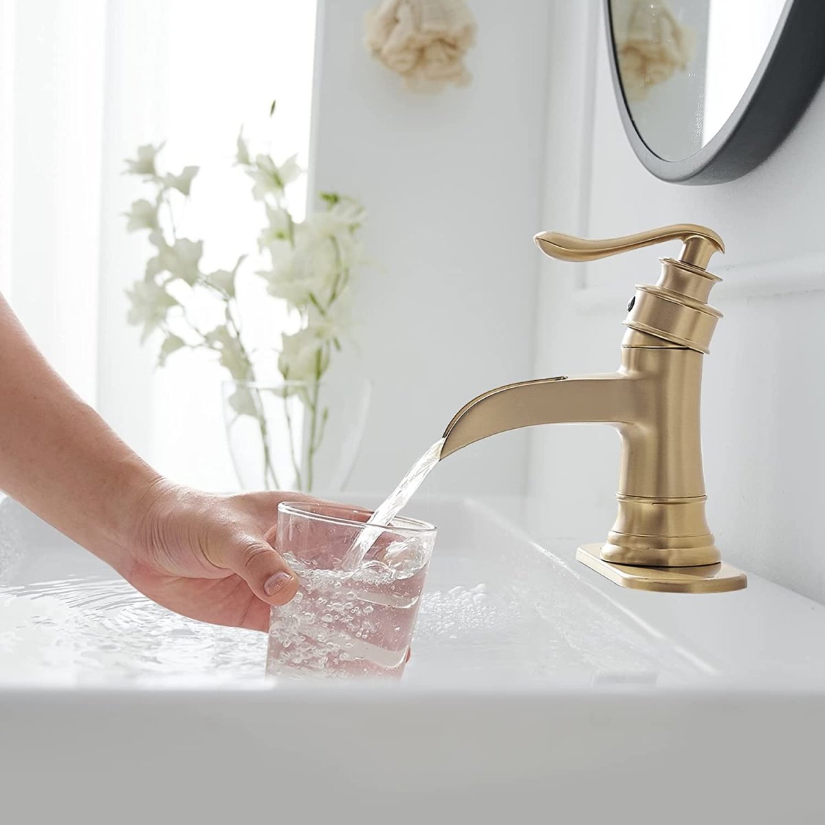 Waterfall Single-Handle Low-Arc Bathroom Faucet Brushed Gold - buyfaucet.com