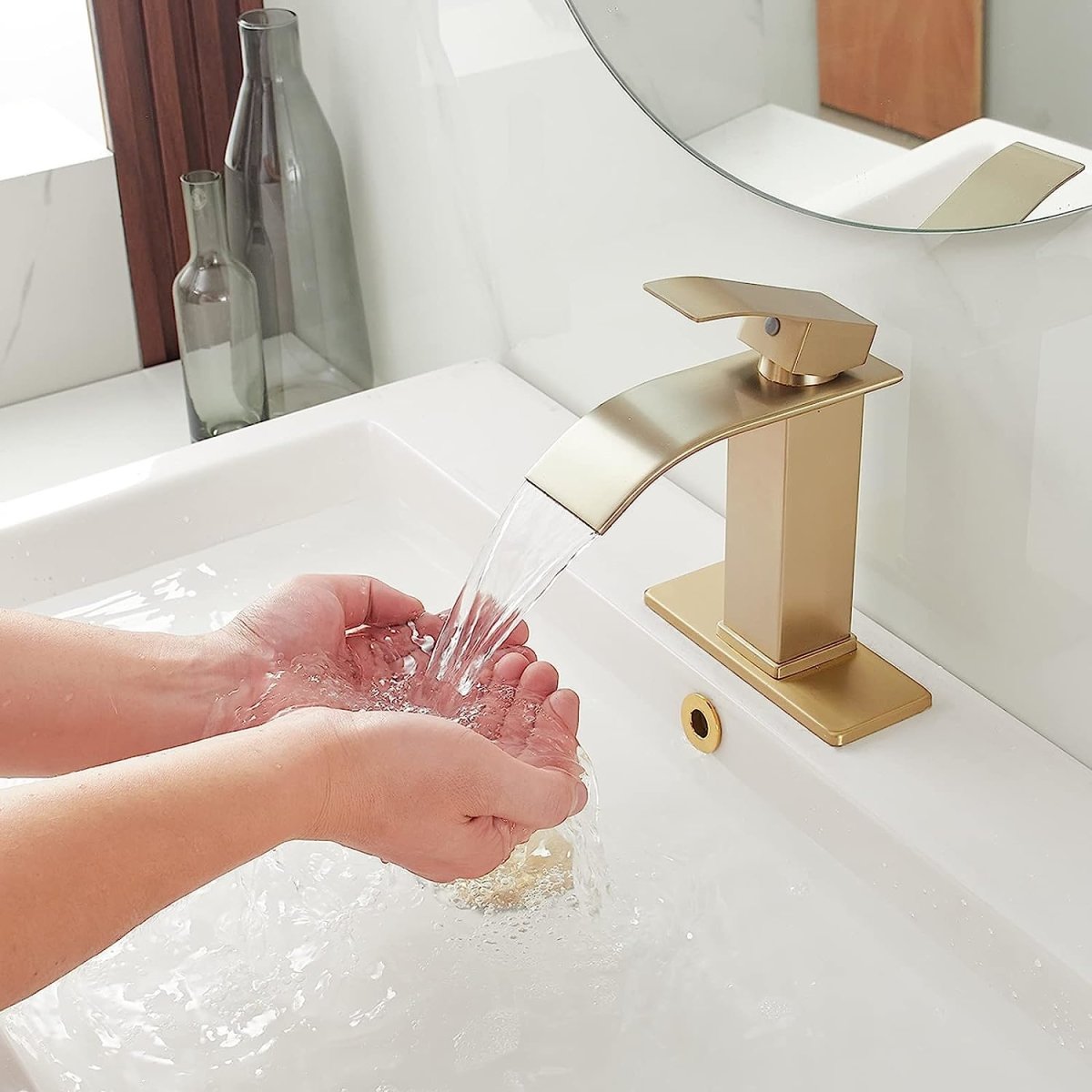 Waterfall Single Handle Low-Arc Bathroom Faucet Brushed Gold - buyfaucet.com