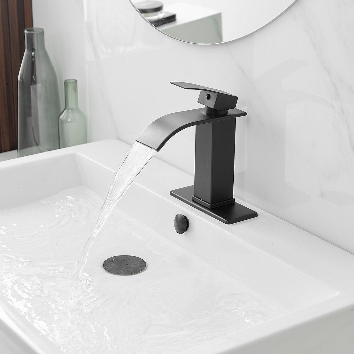 Waterfall Single Handle Low-Arc Bathroom Faucet Matte Black - buyfaucet.com