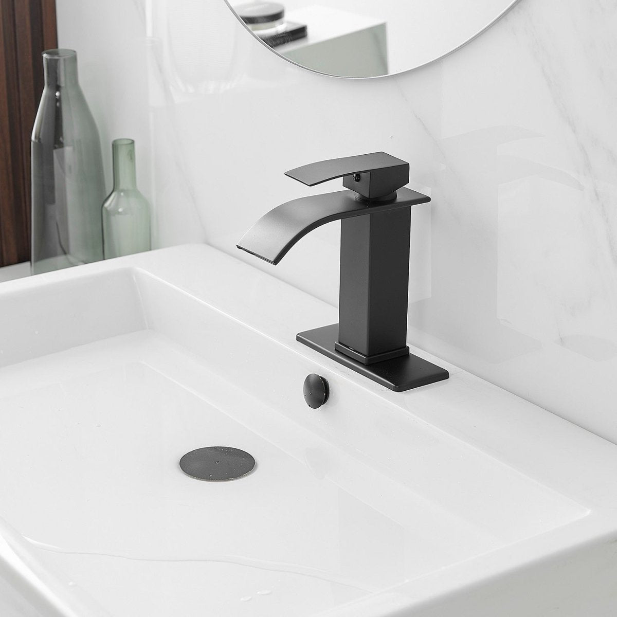 Waterfall Single Handle Low-Arc Bathroom Faucet Matte Black - buyfaucet.com