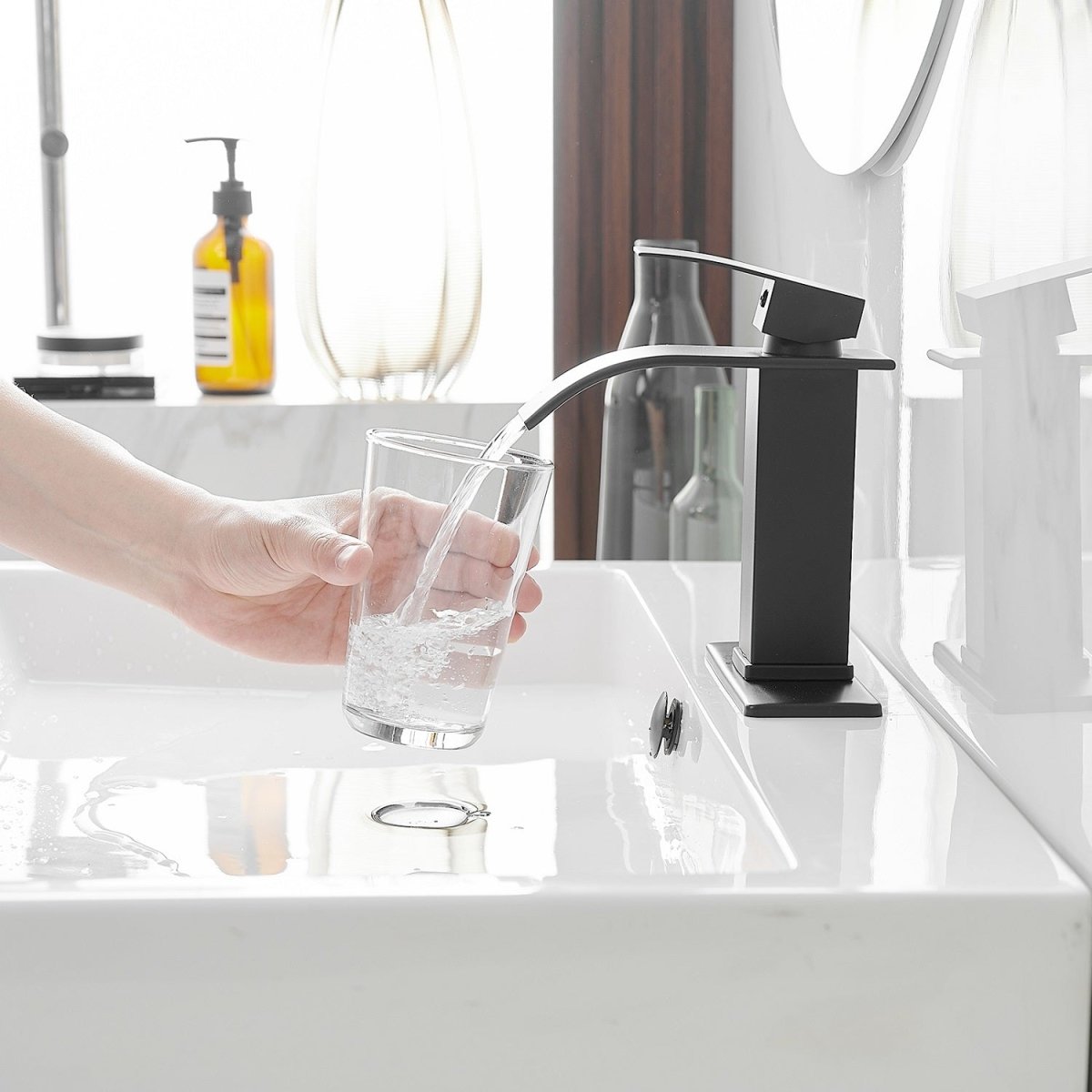 Waterfall Single Handle Low-Arc Bathroom Faucet Matte Black - buyfaucet.com