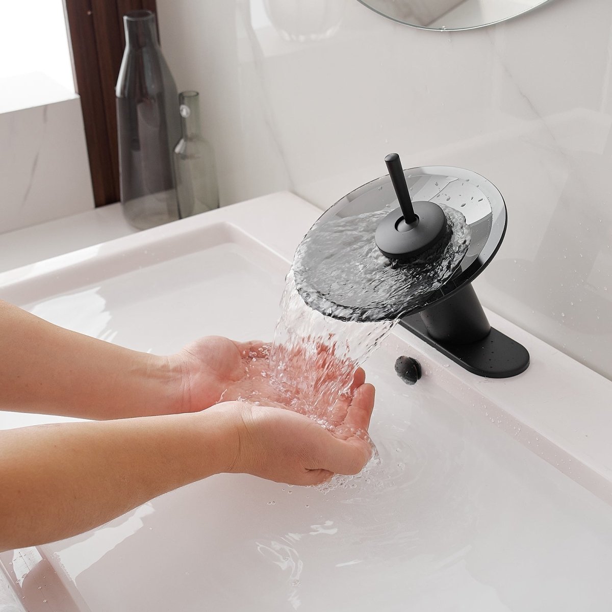 Waterfall Single-Handle Sink Vanity Bathroom Faucet Black - buyfaucet.com