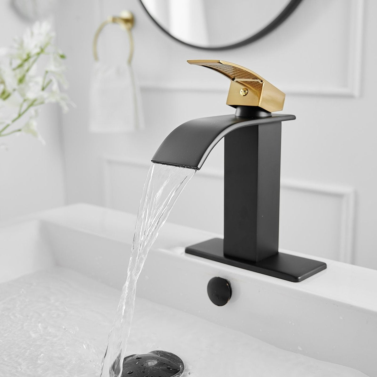 Waterfall Single Hole Bathroom Faucet Matte Black & Gold - buyfaucet.com