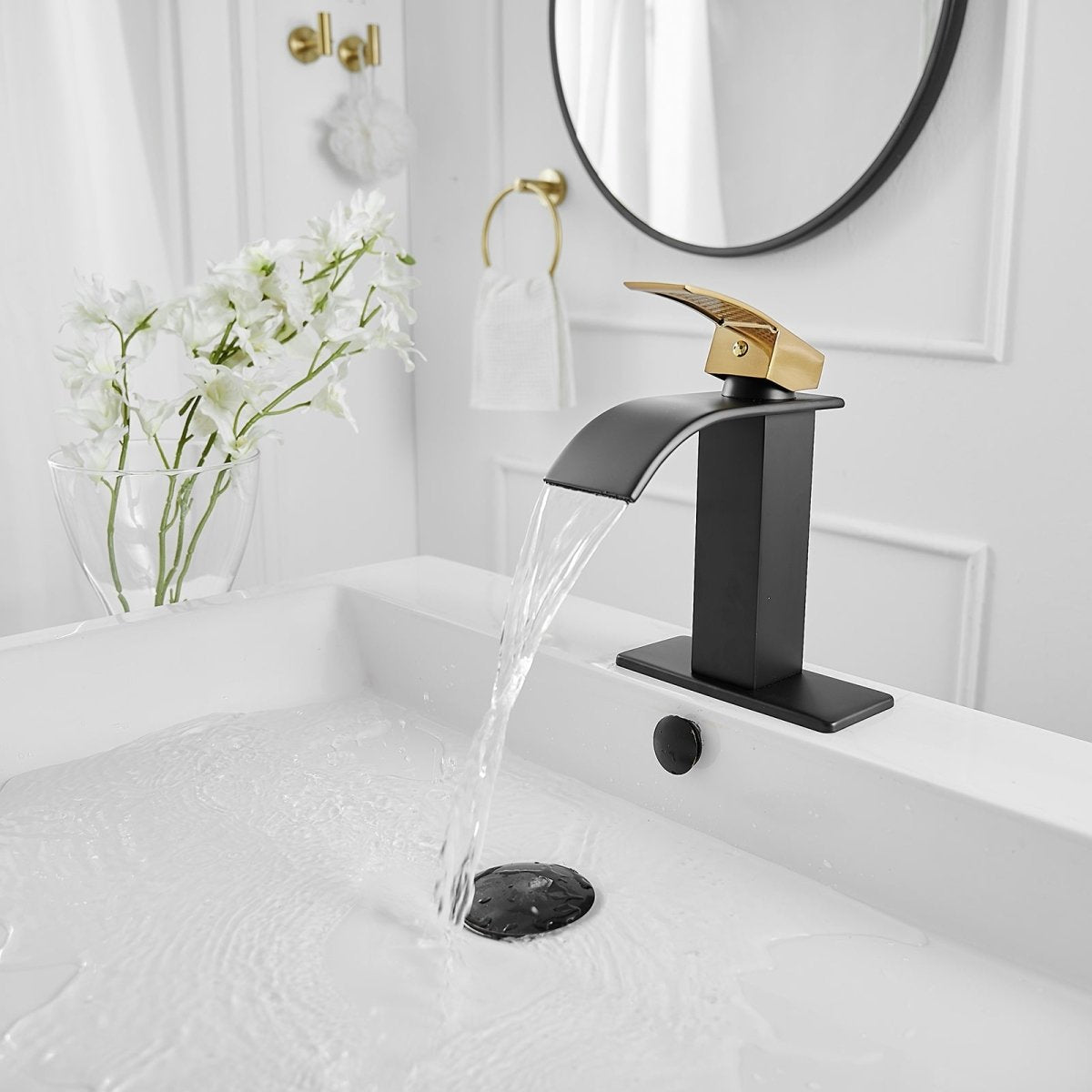 Waterfall Single Hole Bathroom Faucet Matte Black & Gold - buyfaucet.com
